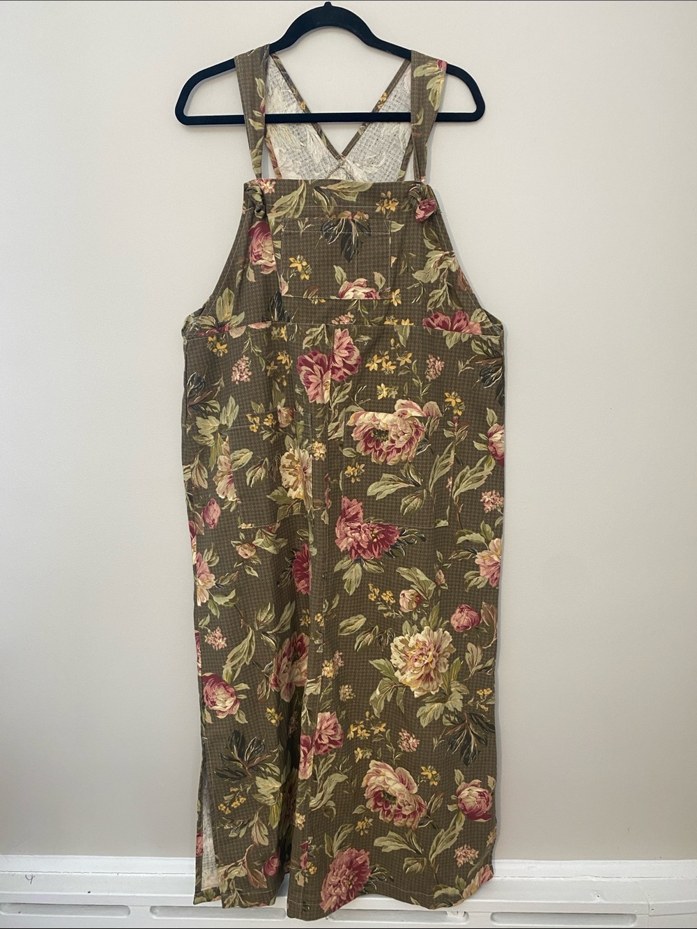 Unbranded Vintage Floral Olive Green Wide-Leg Overalls Dress